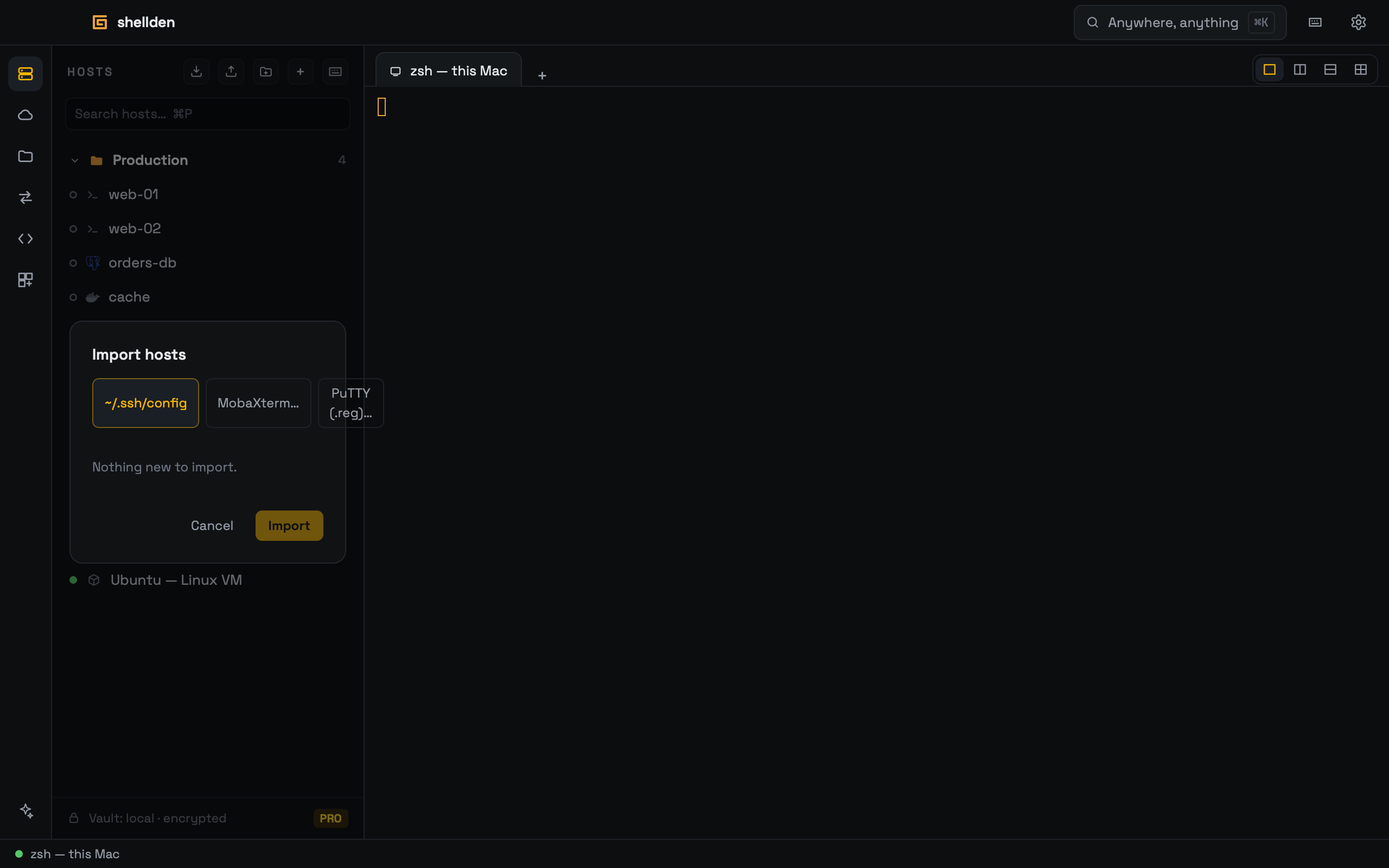 The import dialog: SSH config, MobaXterm and PuTTY.