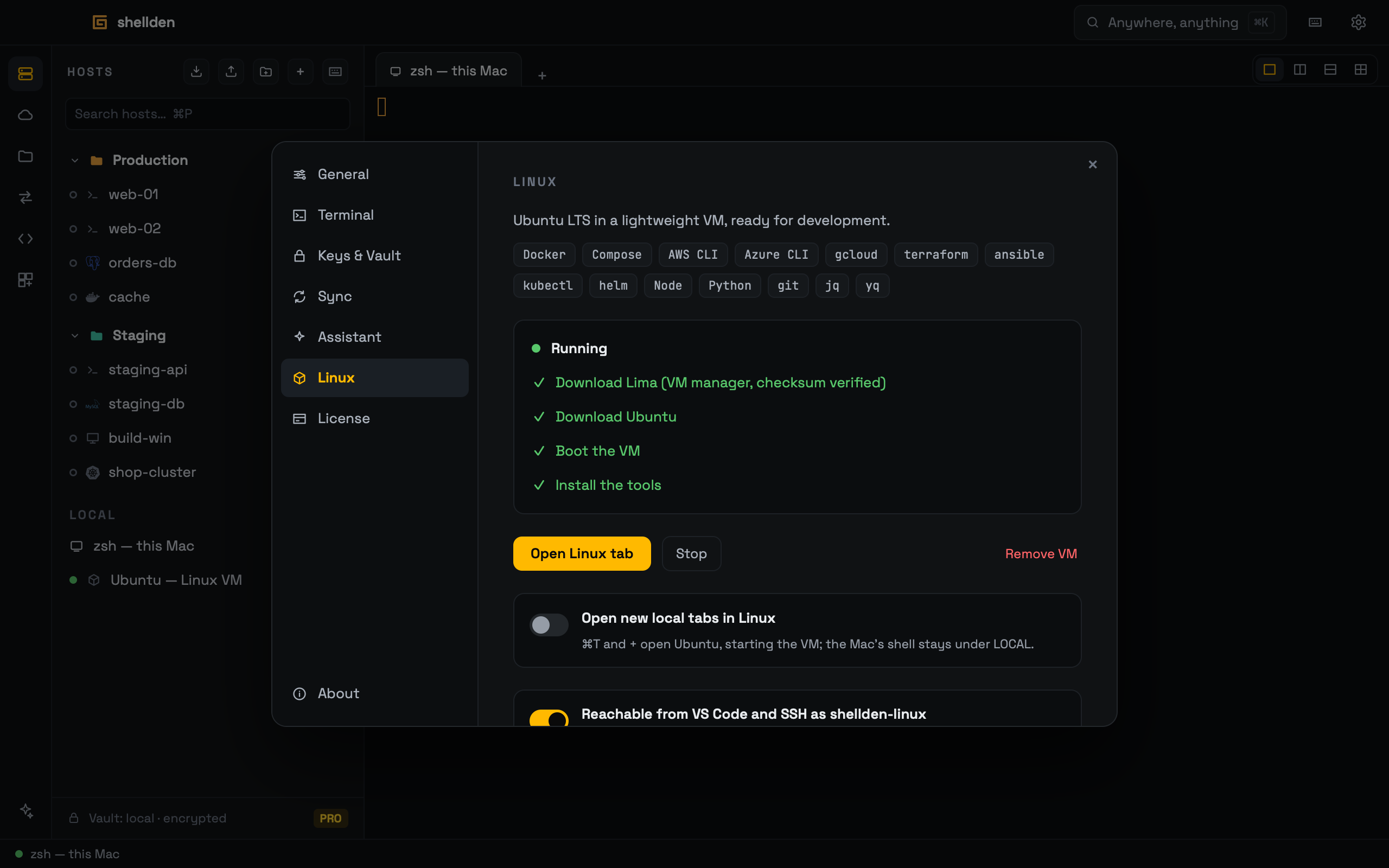 Settings → Linux with the VM running.