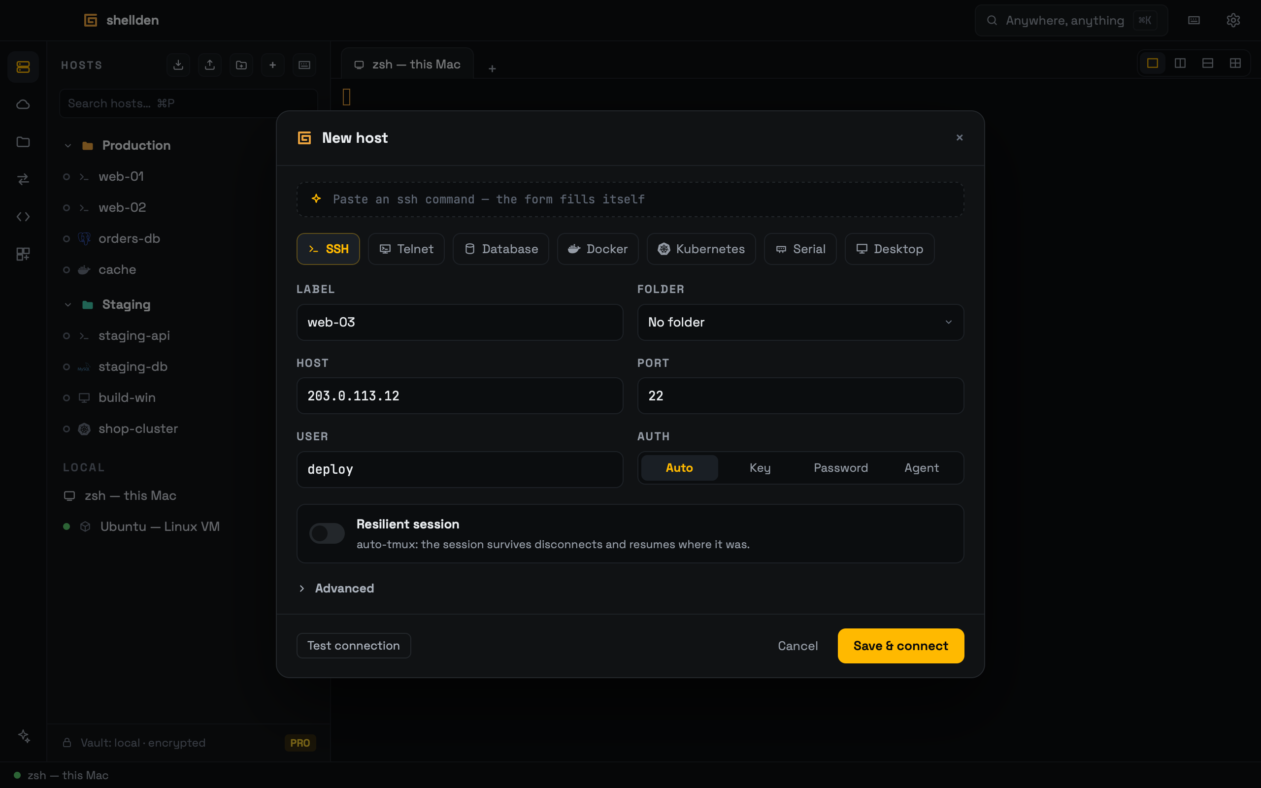 The New host form for an SSH host.