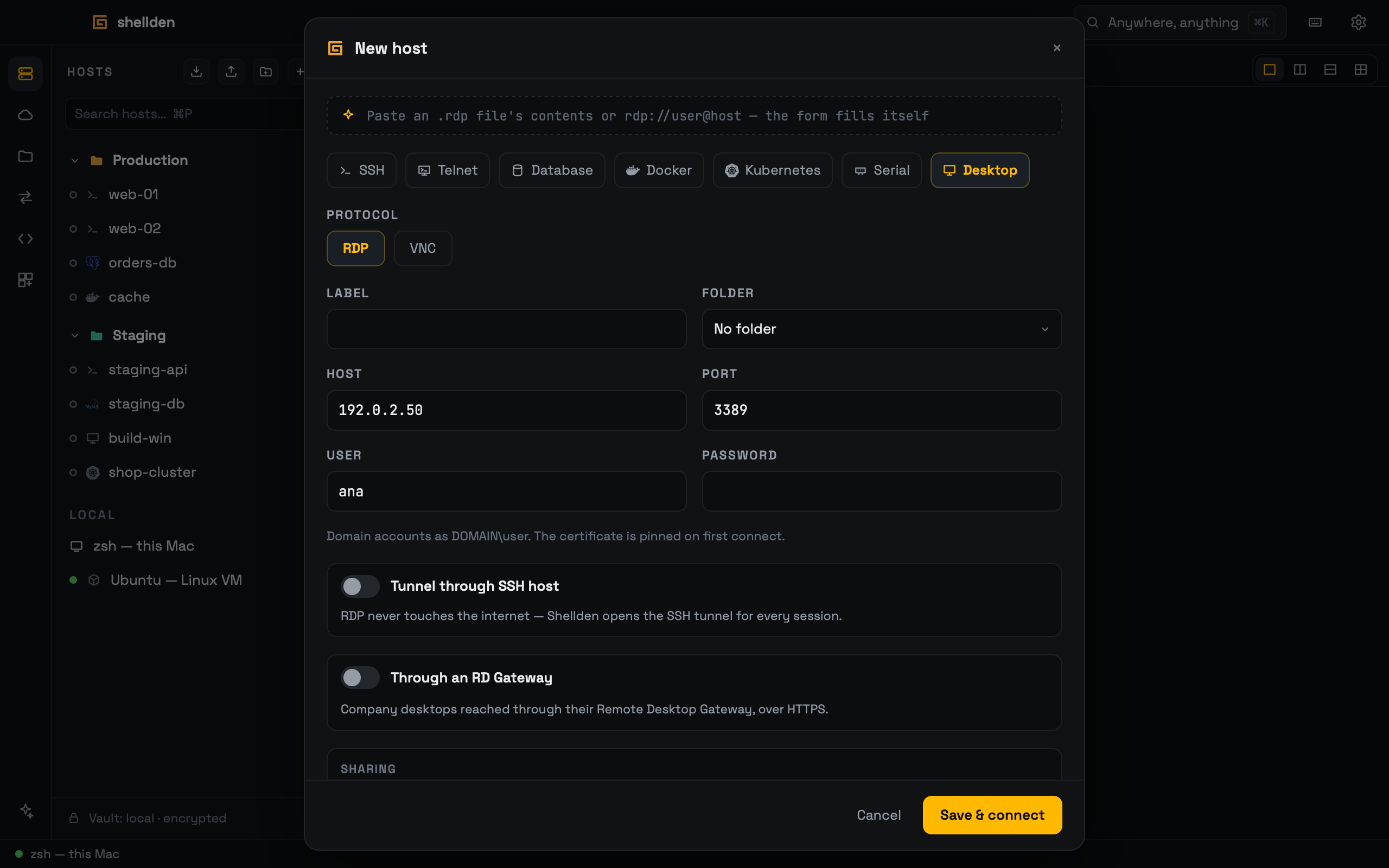 An RDP host: address, user and what it shares.