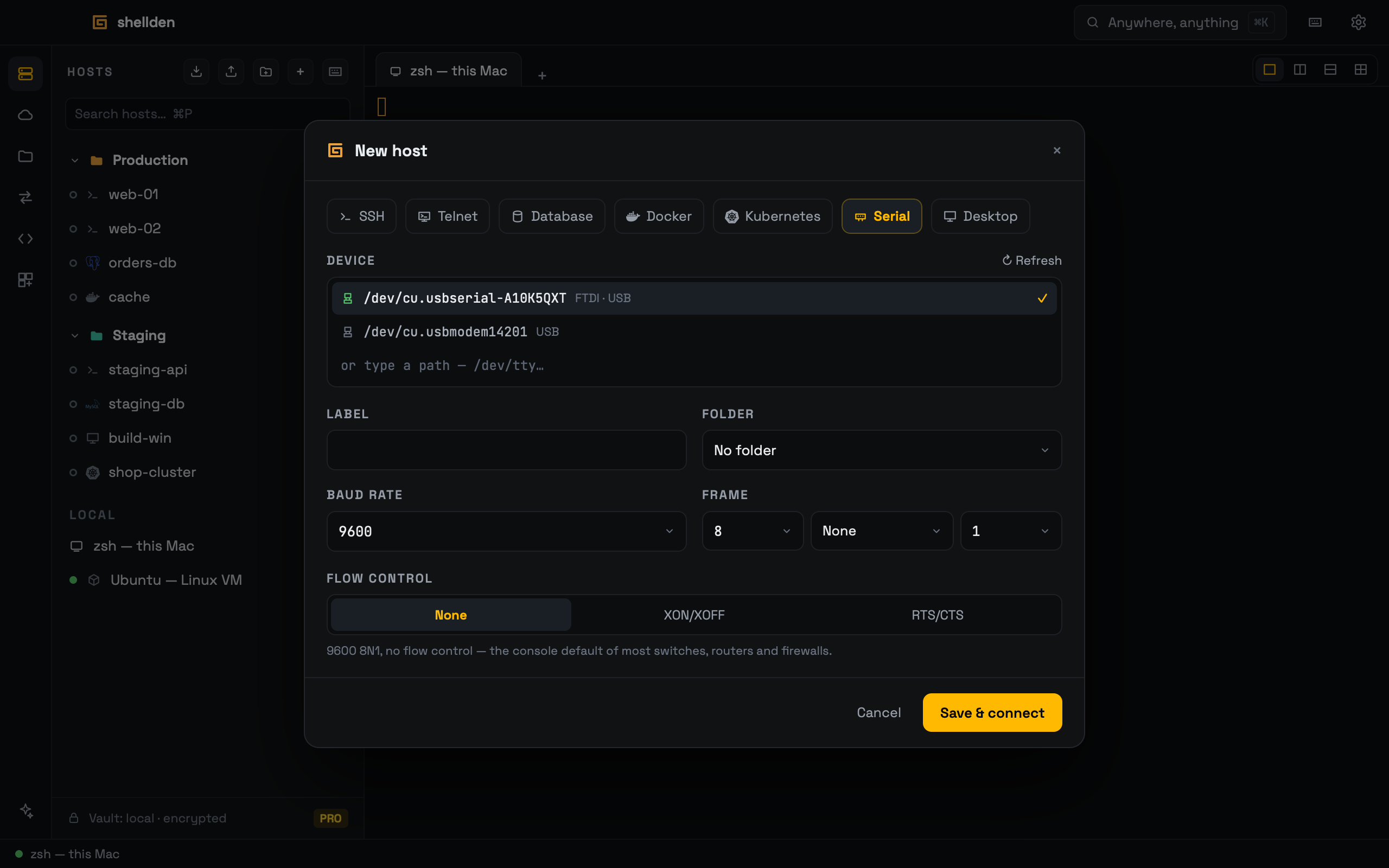 A serial host: detected ports and line settings.