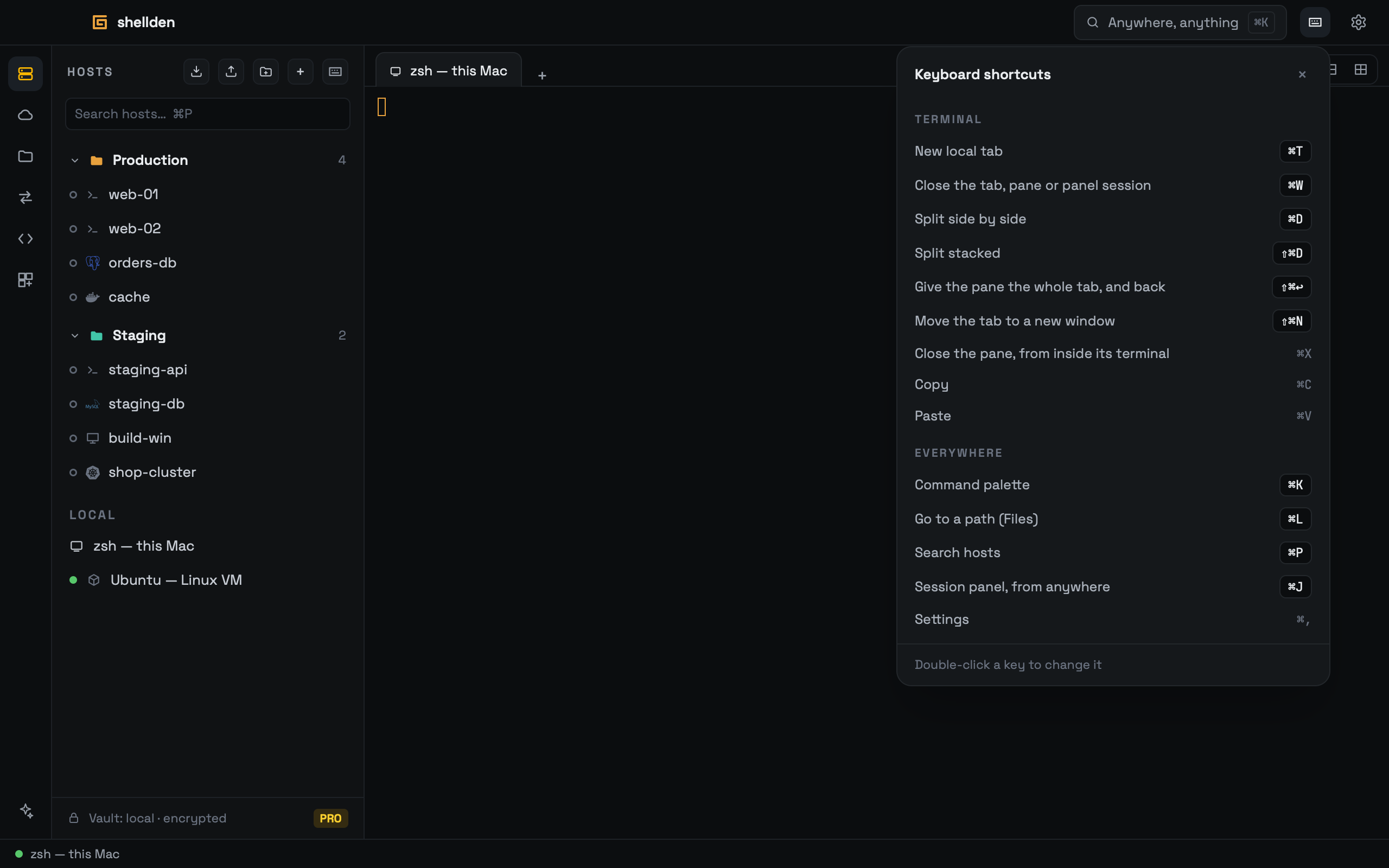 The keyboard sheet: this part's shortcuts, then the global ones.