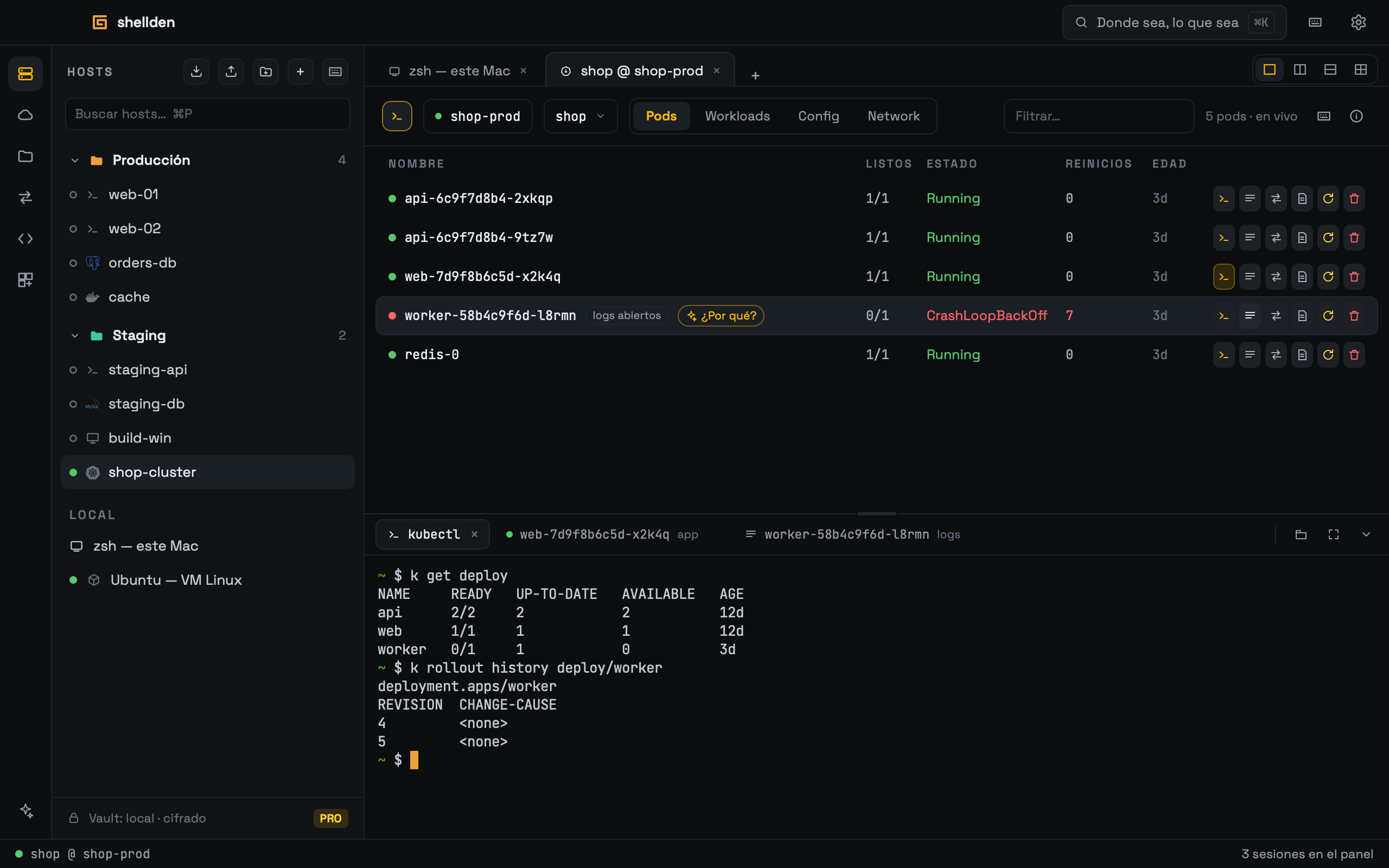 El panel de sesiones: kubectl, la shell de un pod y los logs de otro.