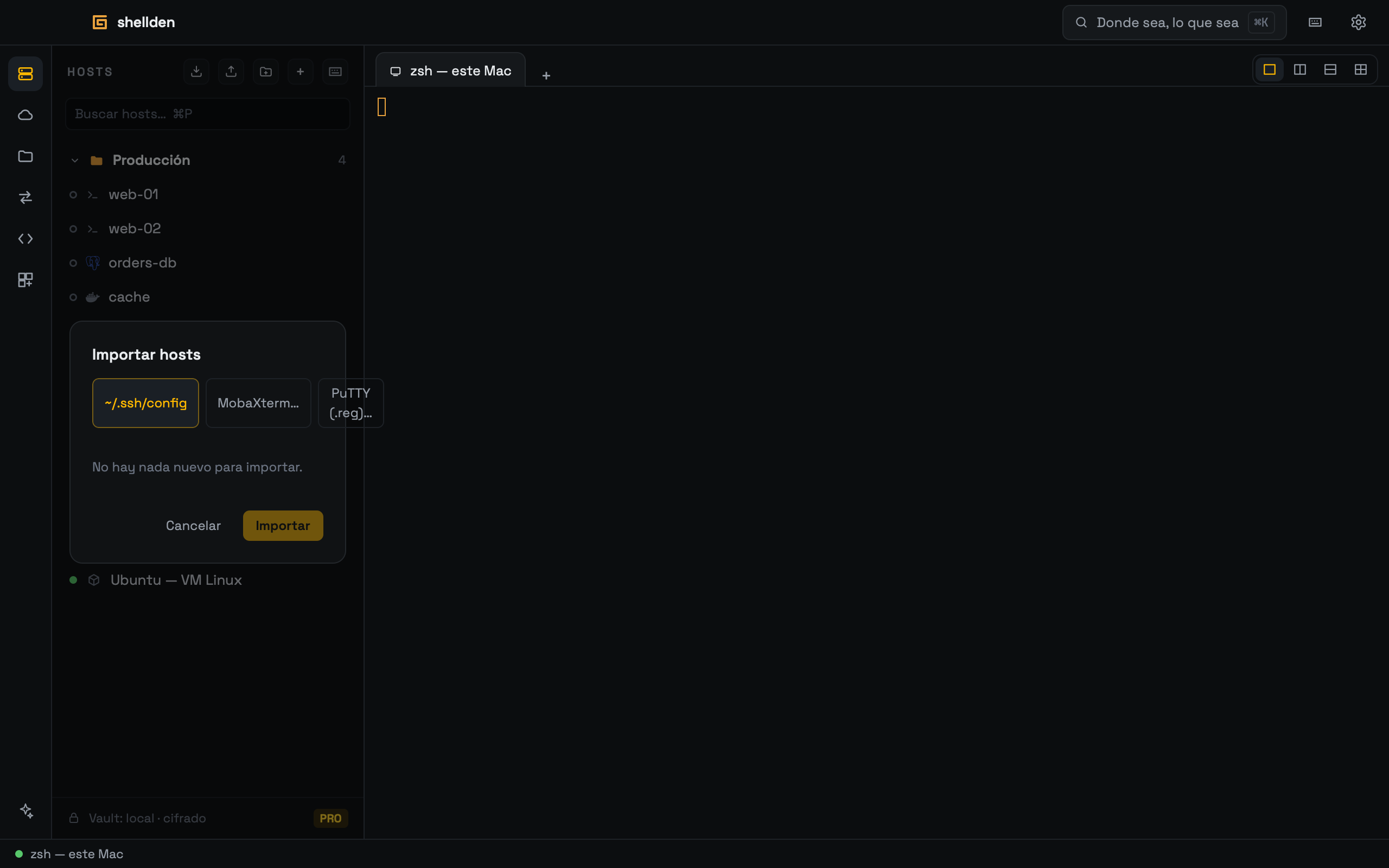 El diálogo de importación: SSH config, MobaXterm y PuTTY.