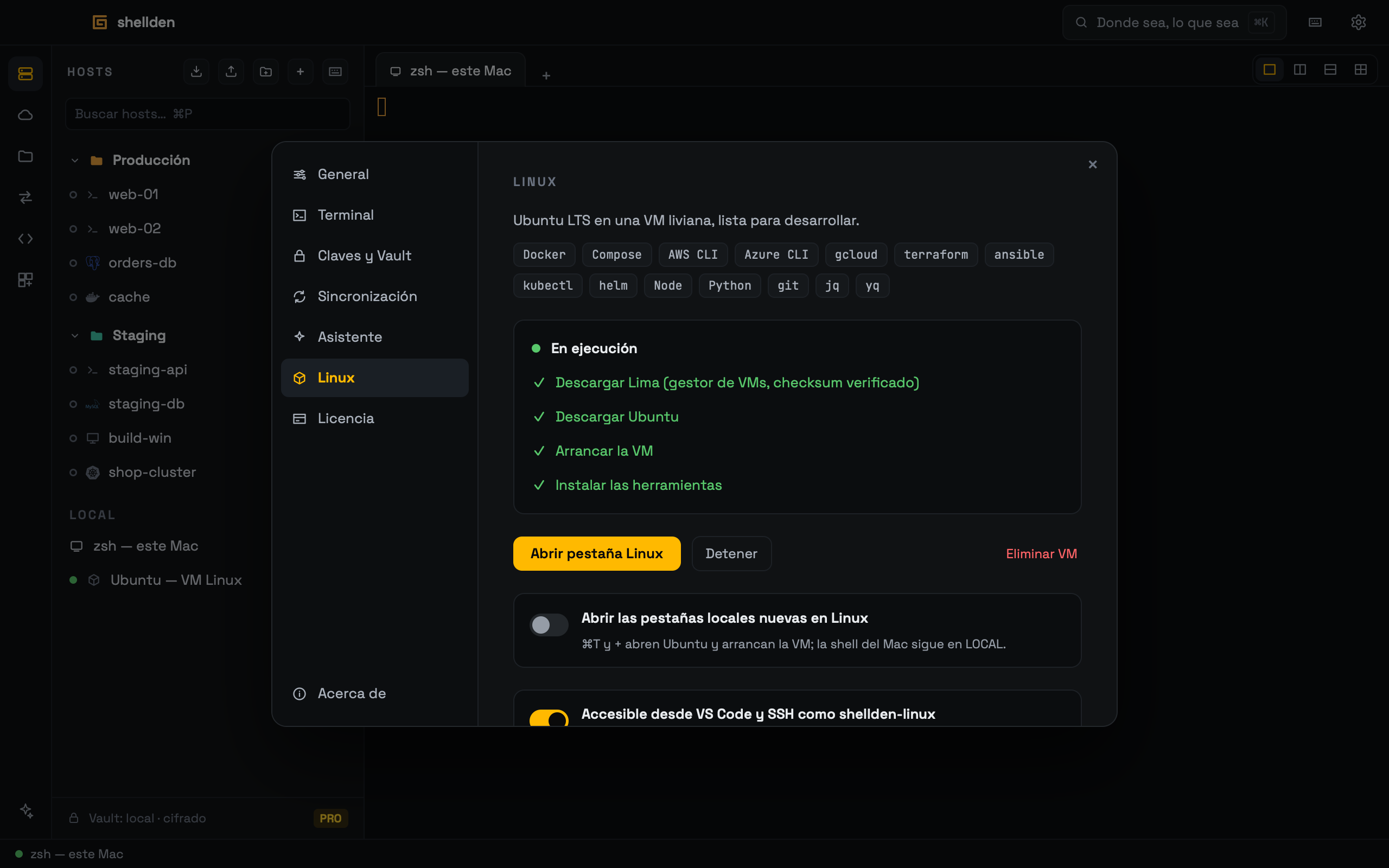 Ajustes → Linux con la VM en ejecución.