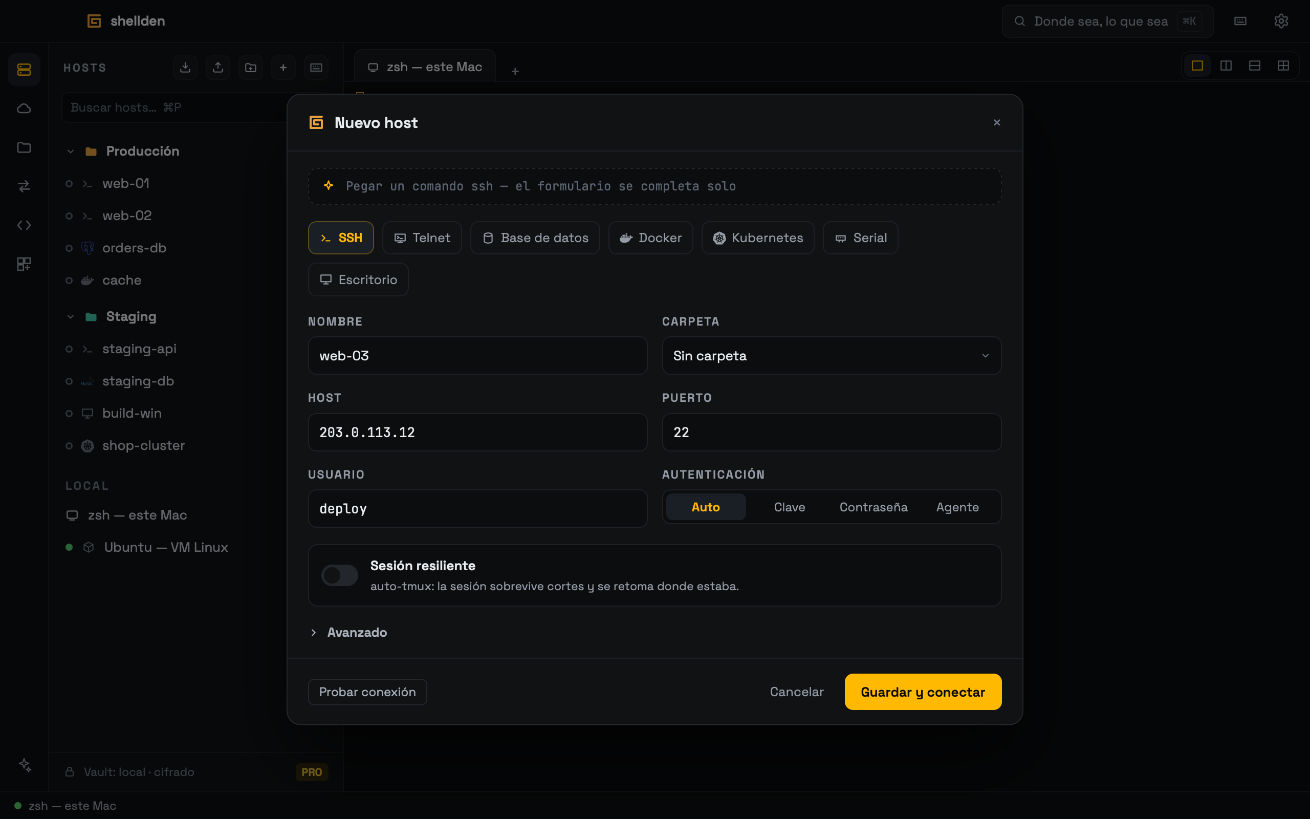 El formulario Nuevo host para un host SSH.