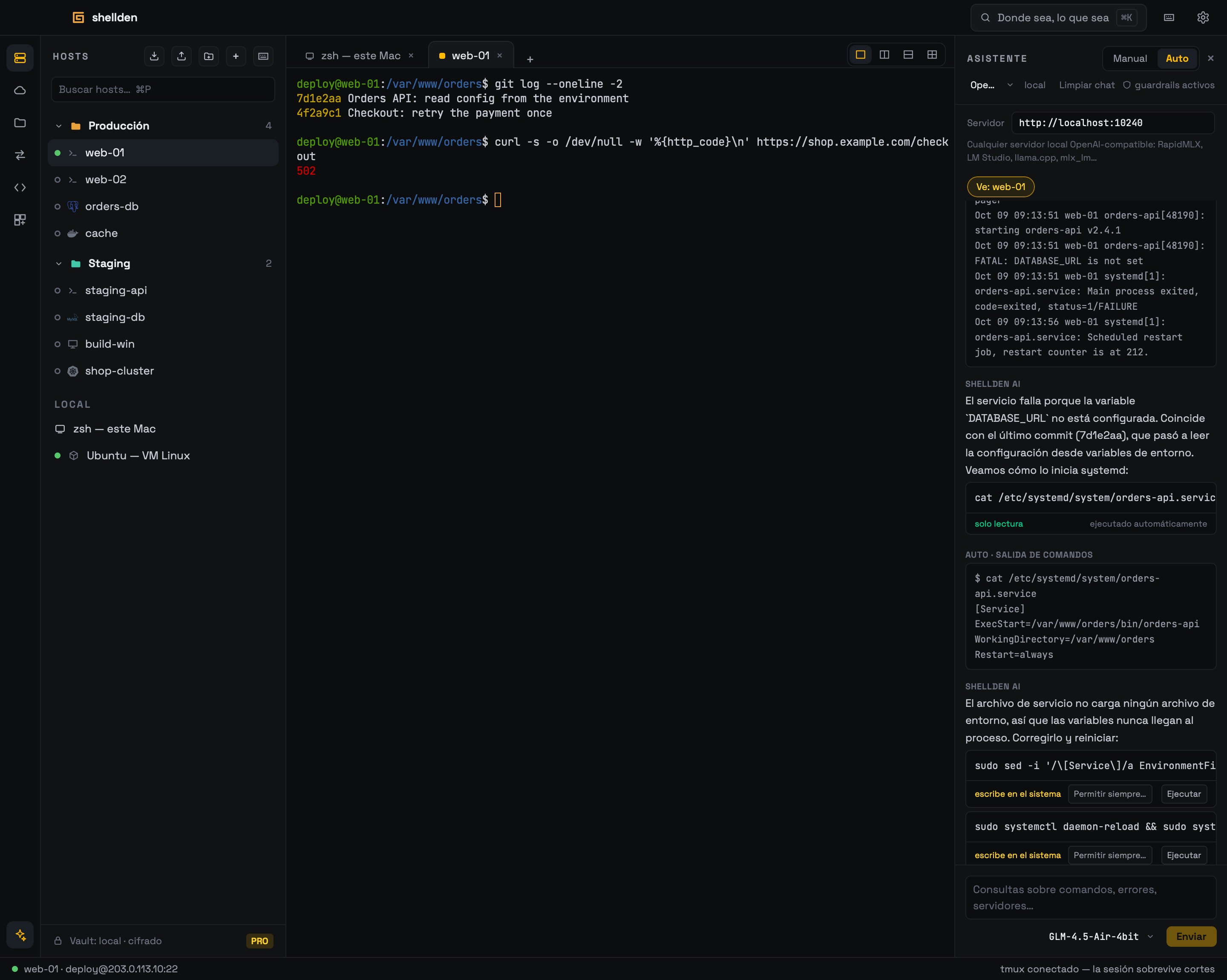 El asistente investigando un 502 en web-01: estado, logs y archivo de servicio leídos solos, el arreglo esperando Ejecutar